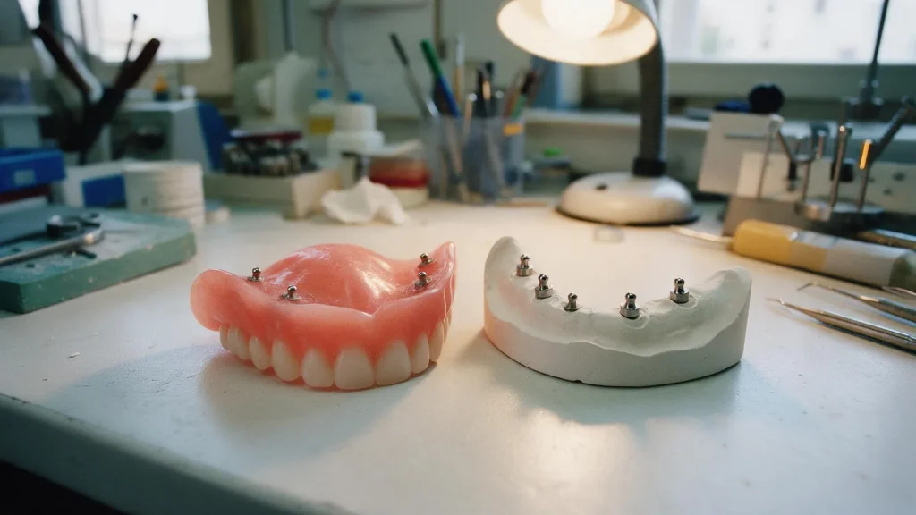 Arcata inferiore completa in resina rosa con denti bianchi e piccoli attacchi metallici sulla base, accanto a un modello in gesso con cinque perni a sfera