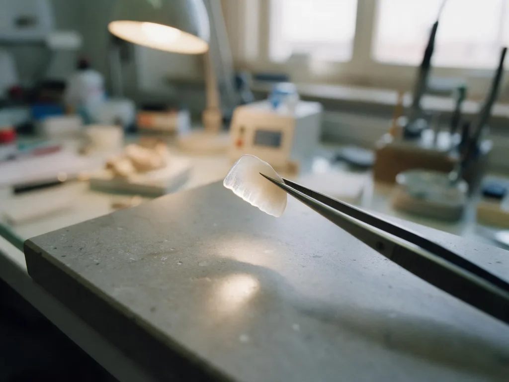Bordo traslucido di una lamella in ceramica tenuta con una pinzetta sopra il piano di lavoro