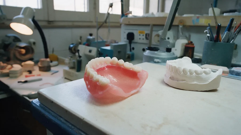 Dentiera superiore con base rosa e denti bianchi accanto al suo modello in gesso sul piano di lavoro