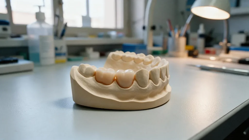 Modello in gesso dell'arcata inferiore con due elementi color avorio appoggiati sui denti, su un banco da lavoro