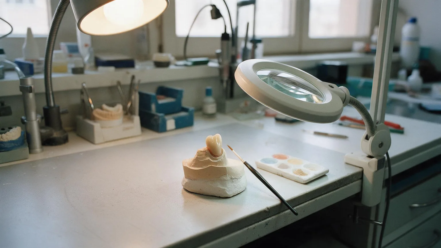 Elemento bianco su un moncone in gesso, con la tavolozza delle ceramiche e un pennello