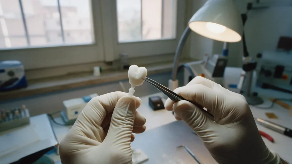 Mani guantate che tengono con una pinzetta un dente in ceramica bianca appena fresato, con un piccolo perno ancora attaccato