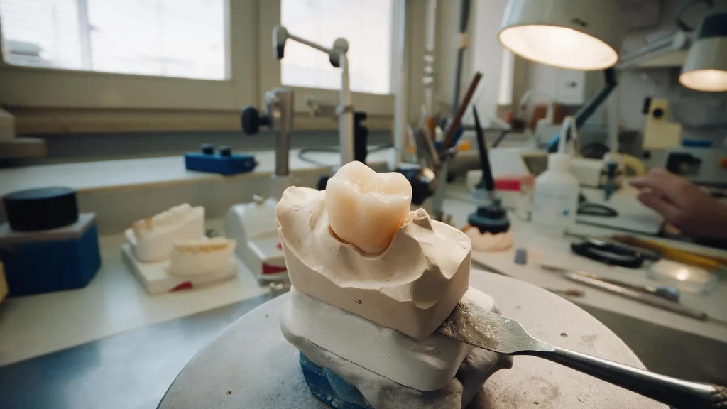 Elemento color avorio sul moncone in gesso di un dente preparato, con una spatola