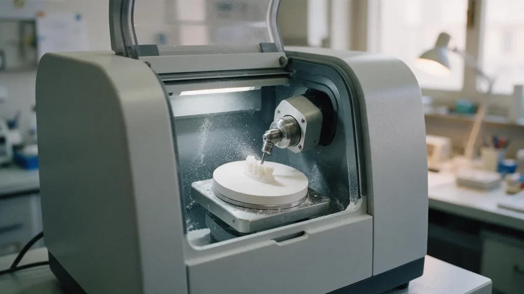 Fresatrice che ricava un elemento da un disco bianco nella sua camera di lavoro, con polvere fine intorno all'utensile