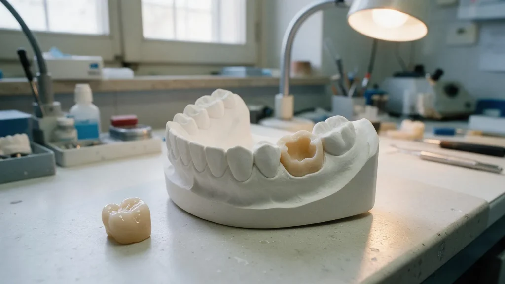 Modello in gesso dell'arcata inferiore con un molare preparato e un elemento in ceramica color dente accanto