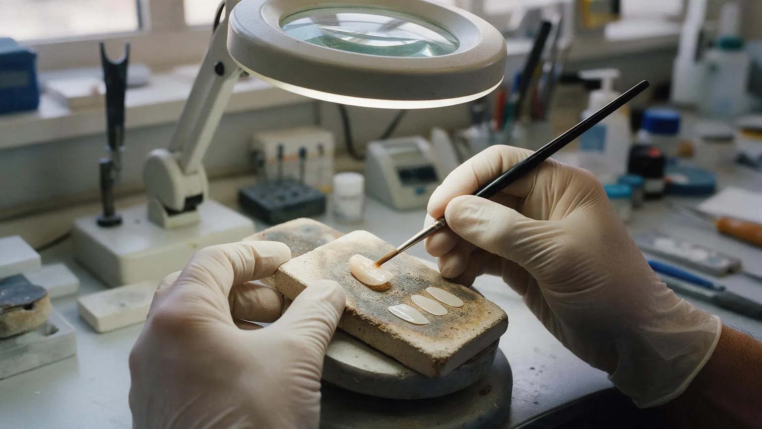 Mani guantate che stendono la ceramica con un pennello fine su una lamella sottile, con altre tre in attesa