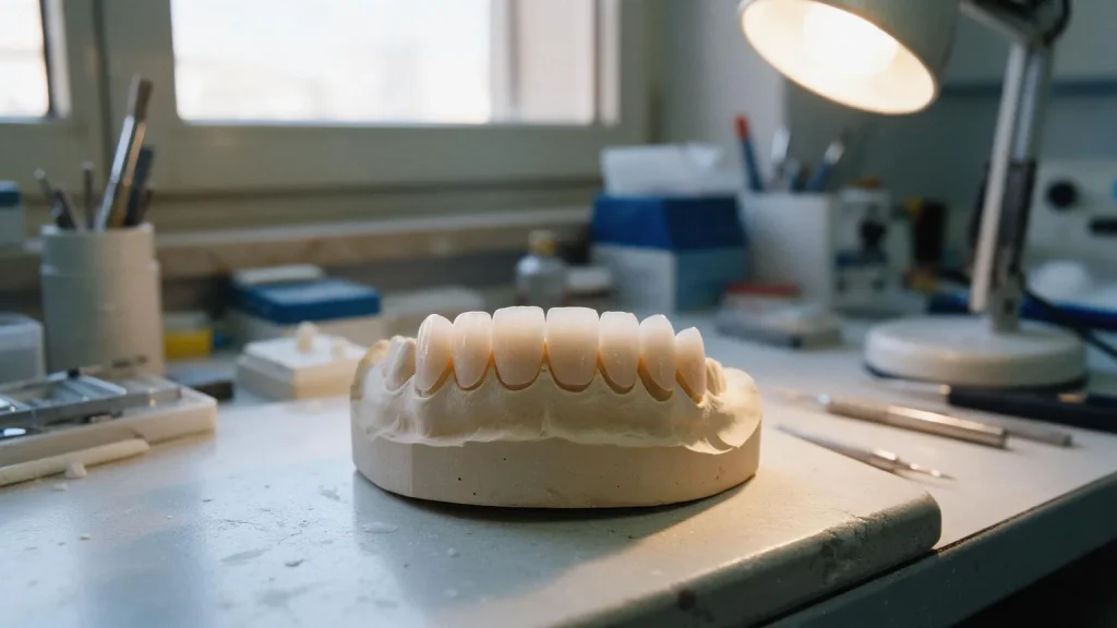 Lamelle in ceramica sui denti anteriori di un modello in gesso, con i bordi traslucidi alla luce della lampada