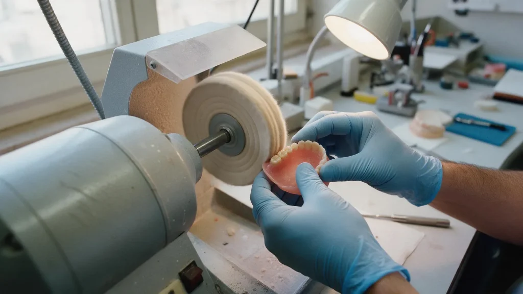 Mani con guanti azzurri che lucidano una base in resina rosa con denti su un tornio con disco di feltro