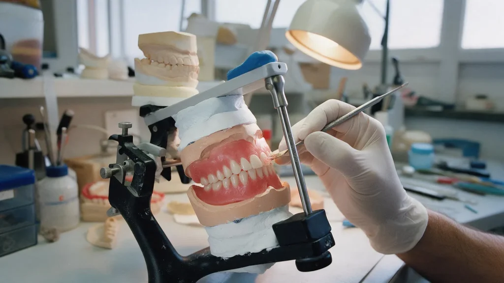 Mano guantata che sistema un dente su un montaggio in cera fissato a un articolatore