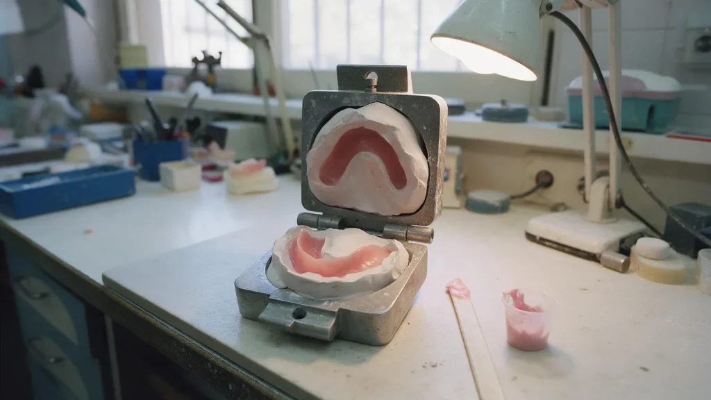 Muffola metallica aperta con l'impronta di una dentiera nel gesso, un bicchierino di resina rosa e una spatola