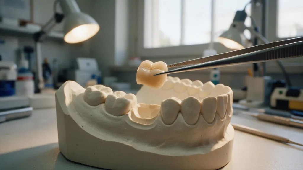 Elemento in ceramica color dente tenuto con una pinzetta sopra il modello in gesso dell'arcata