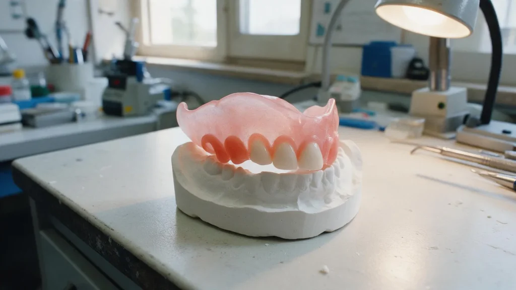 Protesi parziale flessibile rosa trasparente con quattro denti bianchi sul modello in gesso dell'arcata inferiore