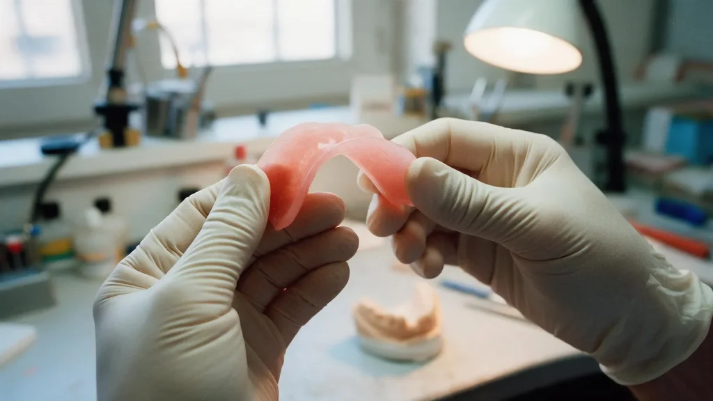 Mani guantate che piegano una protesi flessibile rosa trasparente, con un modello in gesso sullo sfondo