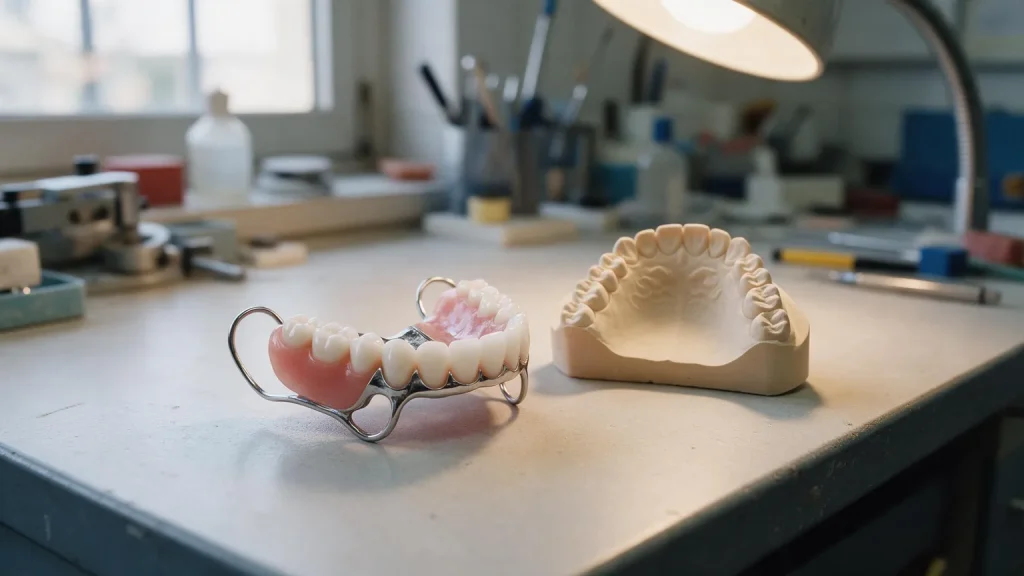 Elemento parziale con struttura metallica, ganci e selle rosa con denti bianchi, accanto al suo modello in gesso