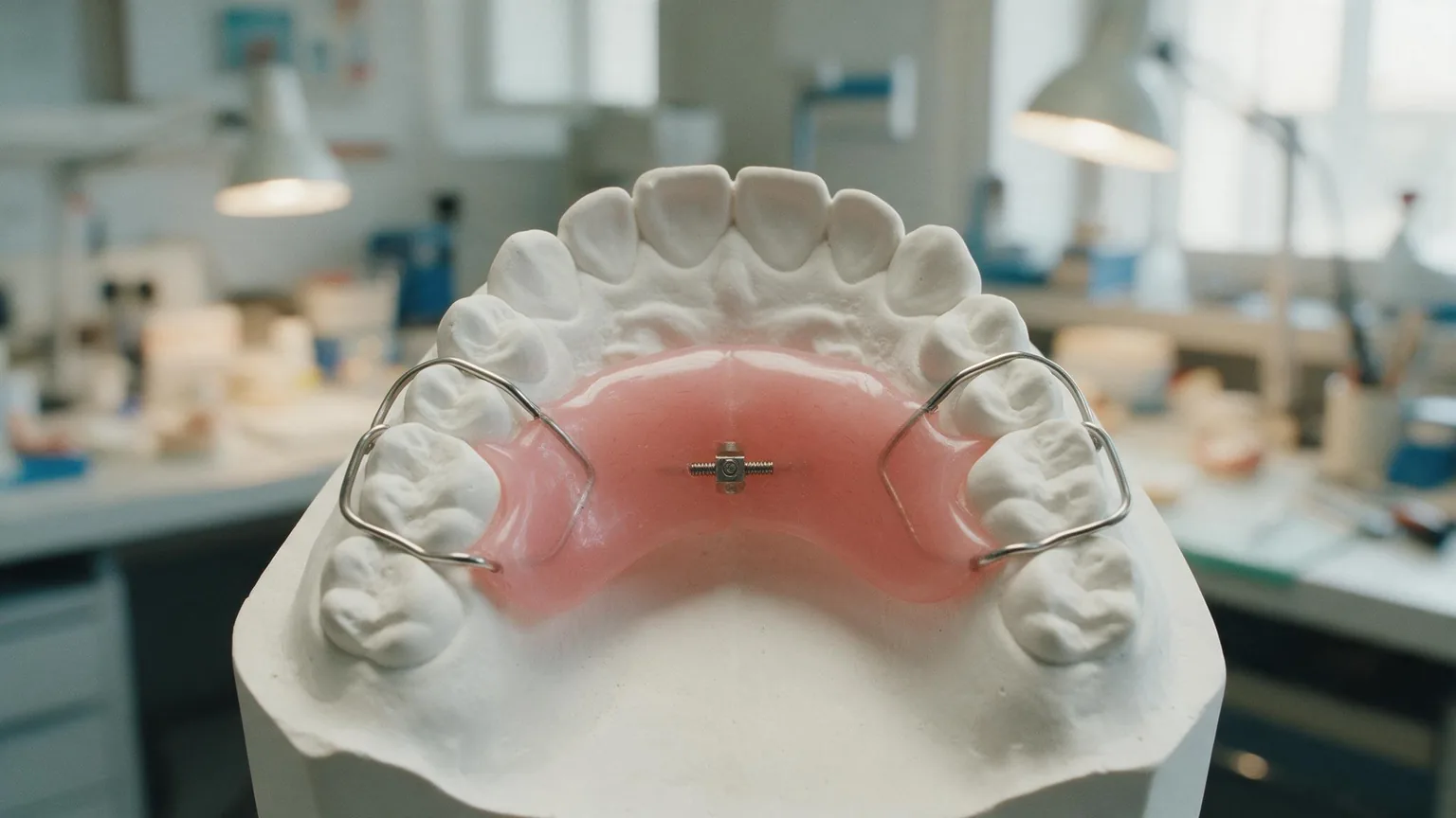 Placca in resina rosa con ganci in filo d'acciaio e una vite centrale, appoggiata su un modello in gesso dell'arcata superiore