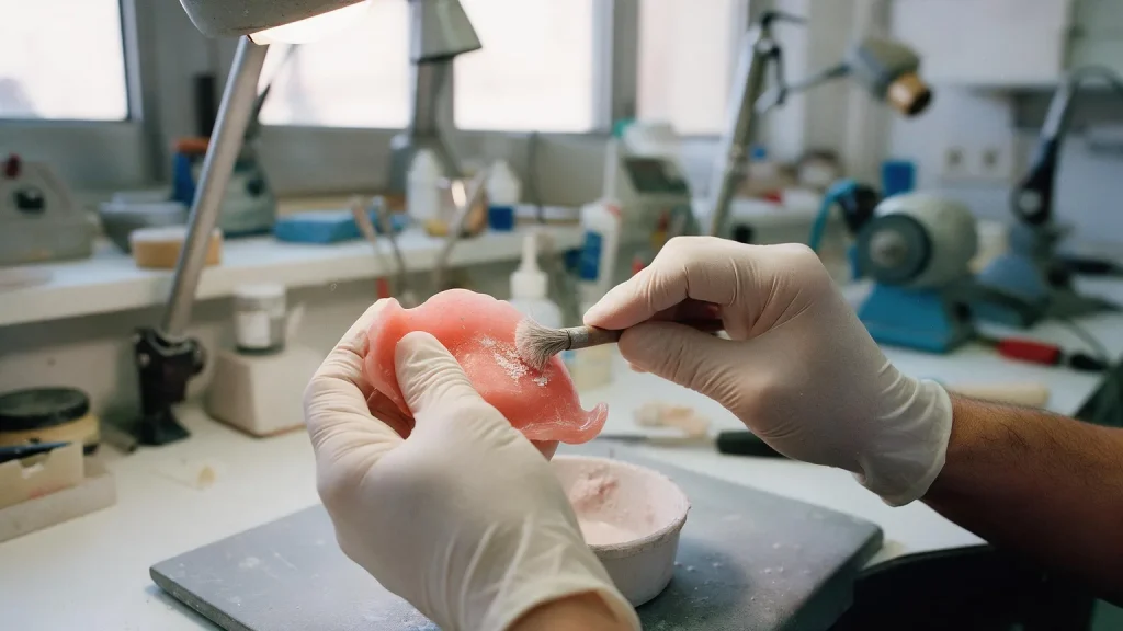 Mani guantate che rifiniscono con un piccolo pennello un manufatto mobile in resina rosa