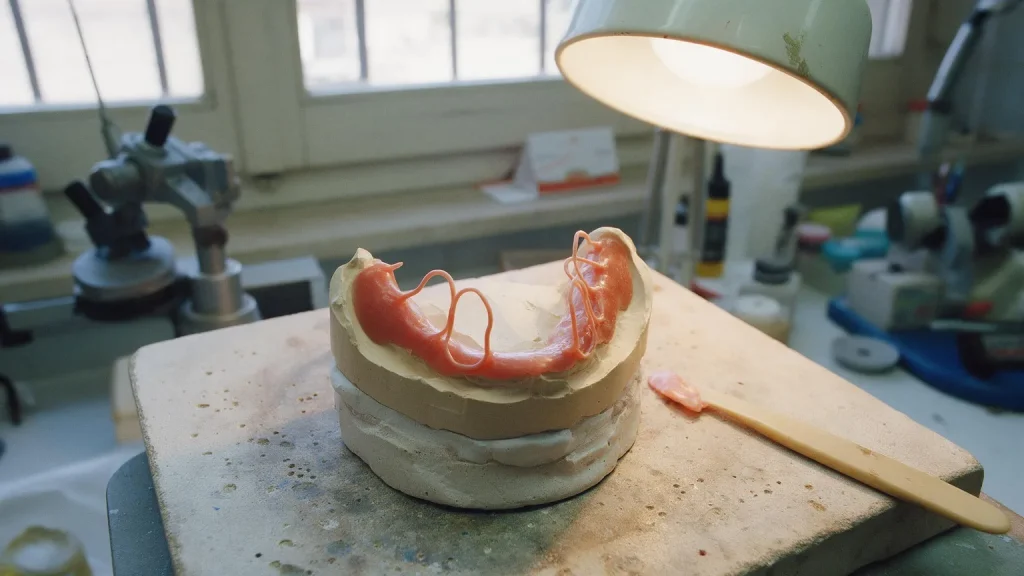 Modello in gesso con una sagoma in cera arancione dai profili sottili, e una spatola in legno accanto