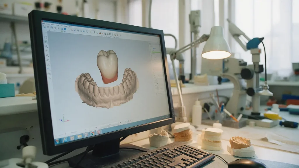 Monitor che mostra il disegno tridimensionale di un dente sopra il modello digitale di un'arcata, con modelli in gesso sulla scrivania