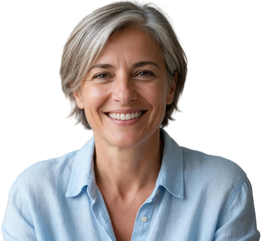 Signora dai capelli grigi corti, con una camicia azzurra, che sorride guardando in camera