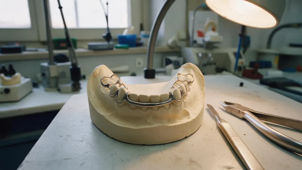Struttura metallica con ganci montata su un modello in gesso dell'arcata inferiore, con pinze e bisturi accanto