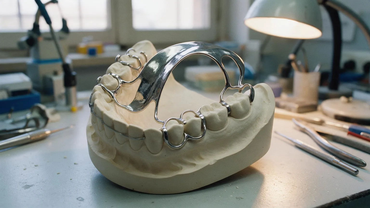 Struttura in metallo lucido con ganci appoggiata su un modello in gesso dell'arcata inferiore