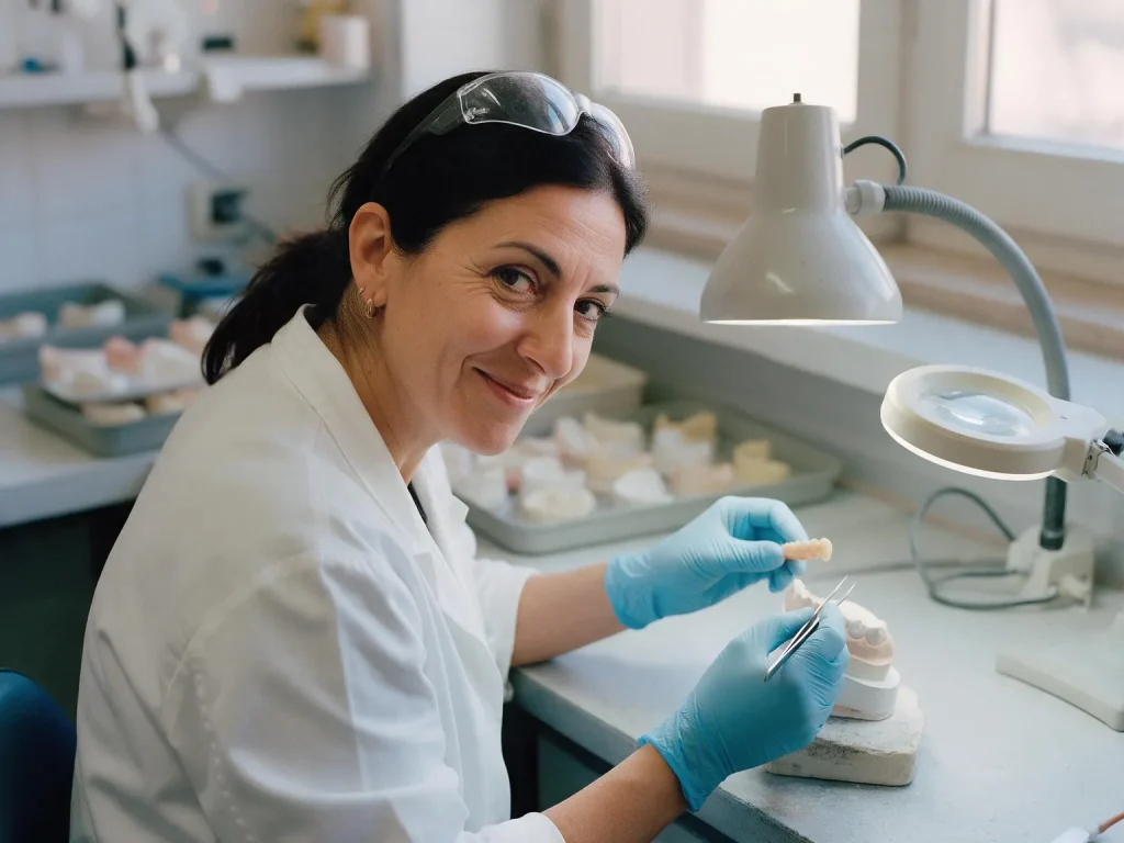 Odontotecnica in camice bianco e guanti azzurri che sorride al banco mentre posa un elemento in ceramica con le pinzette