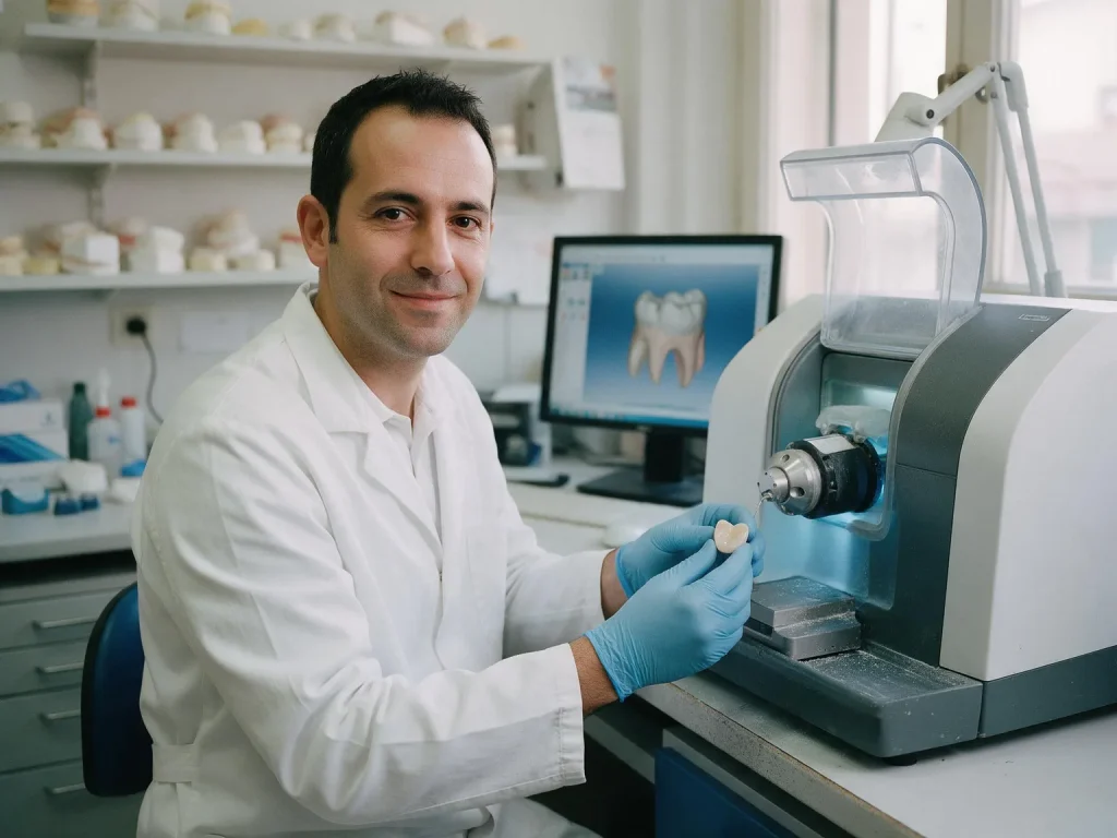Odontotecnico in camice bianco che sorride accanto alla fresatrice con un elemento appena fresato in mano e il progetto sul monitor