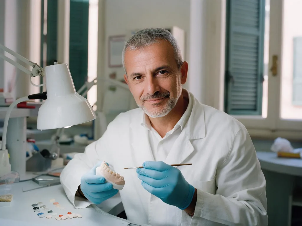 Odontotecnico in camice bianco e guanti azzurri che sorride al banco con un modello in gesso e un pennello in mano