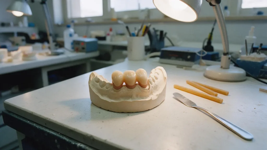 Tre elementi in ceramica uniti su un modello in gesso dell'arcata inferiore, con bastoncini di cera e una spatola