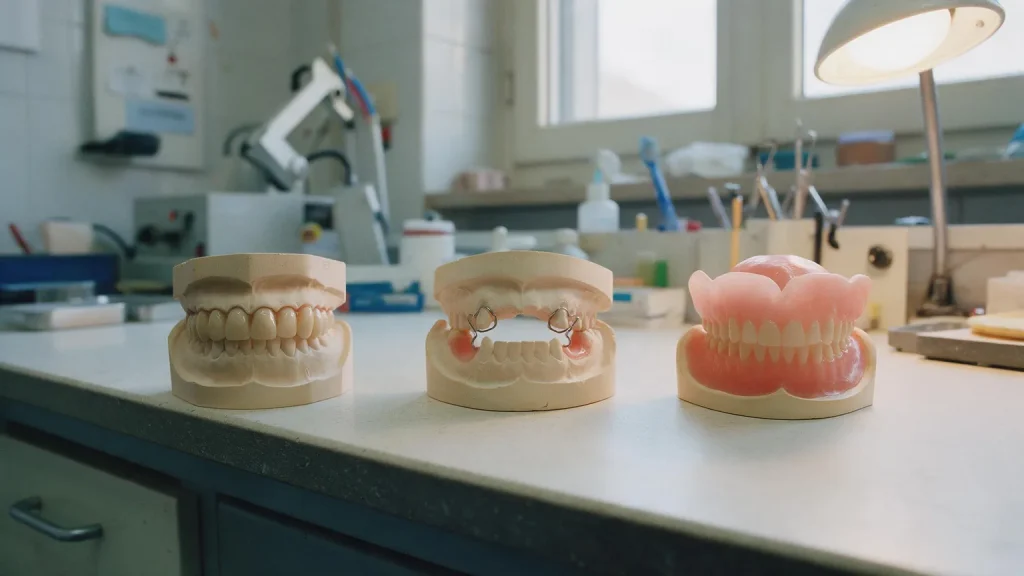 Tre modelli in gesso di arcata: uno con elementi fissi in ceramica, uno con ganci metallici e uno con base in resina rosa