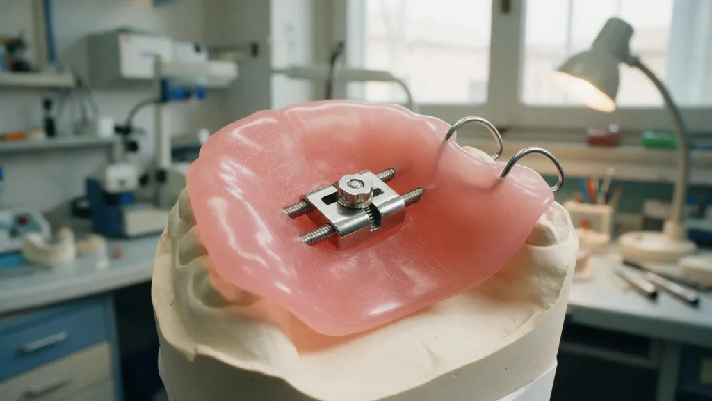 Primo piano di una vite di espansione in acciaio e di due ganci su una placca in resina rosa appoggiata su un modello in gesso